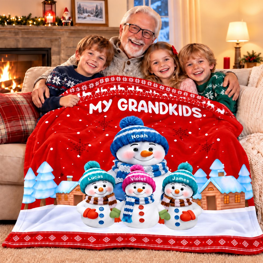 Personalized Christmas Theme Cartoon Snowman Family Soft Throw Blanket with Names Home Decor Christmas Gift for Family Grandma Grandpa 4