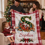 Personalized Christmas-Themed Initial Plaid Soft Throw Blanket with Name Home Decor Christmas Gift for Kids Friends Family