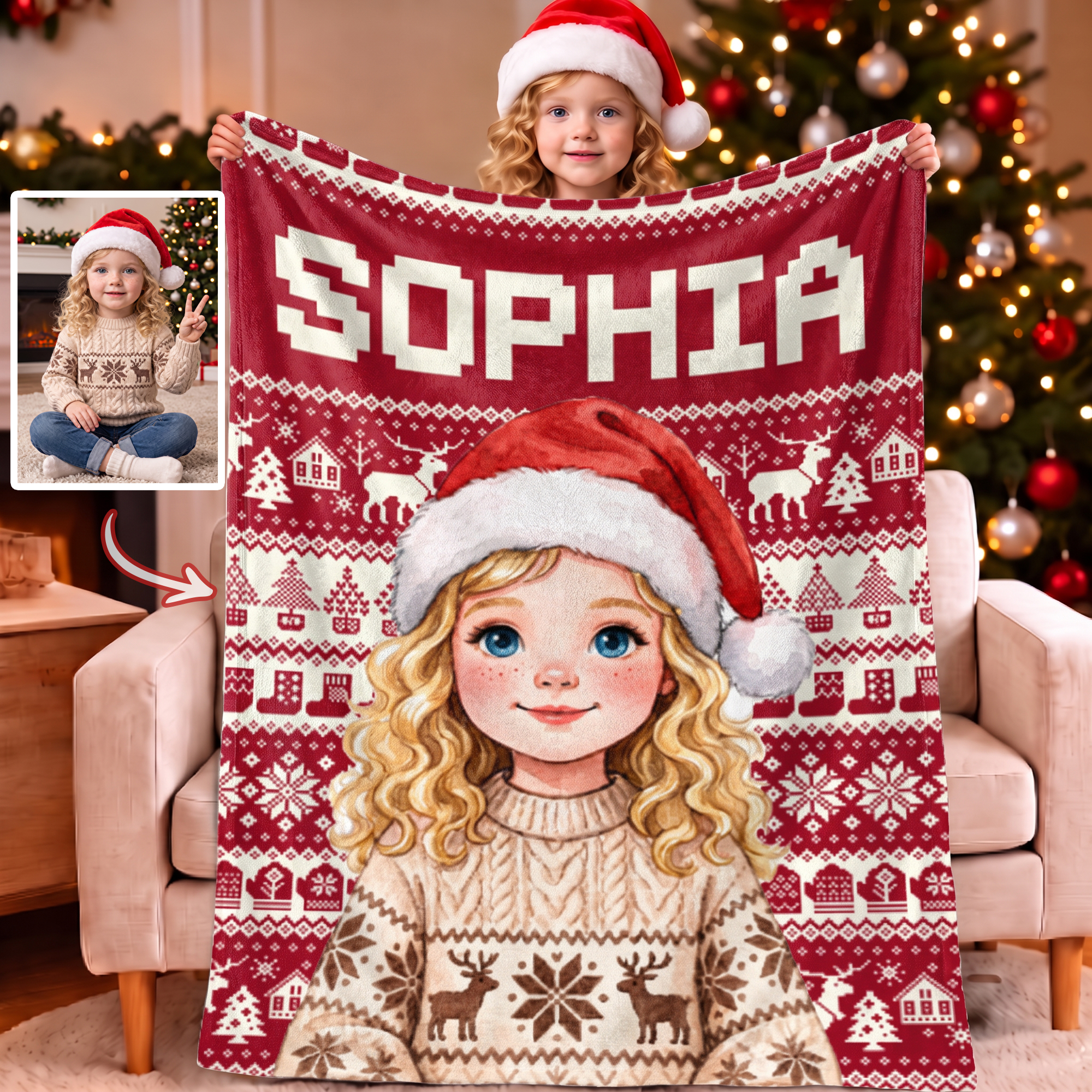 Personalized Christmas Theme Cartoon Character Photo Soft Throw Blanket with Name Home Decor Christmas Gift for Kid