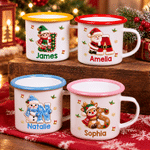 Personalised 3D-Effect Artwork Cartoon Christmas Santa Snowman Elf 12 oz Enamel Mug with Name and Initial Daily Use Christmas Party Gift for Kids 1