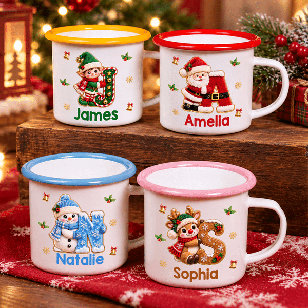 Personalised 3D-Effect Artwork Cartoon Christmas Santa Snowman Elf 12 oz Enamel Mug with Name and Initial Daily Use Christmas Party Gift for Kids