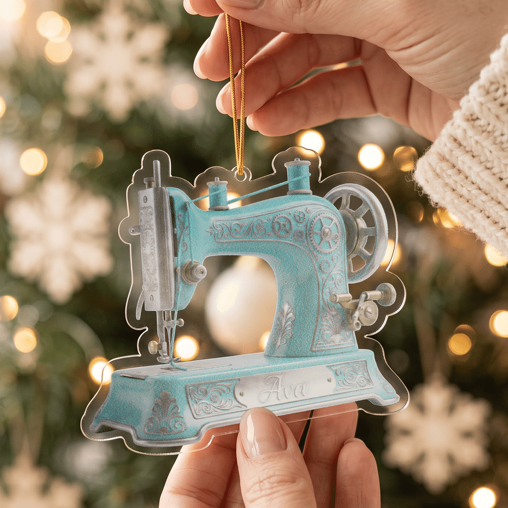 Personalised 3D-Effect Artwork Vintage Sewing Machine Acrylic Ornament Keyring with Name Christmas Gift for Crafters Sewing Lovers 4