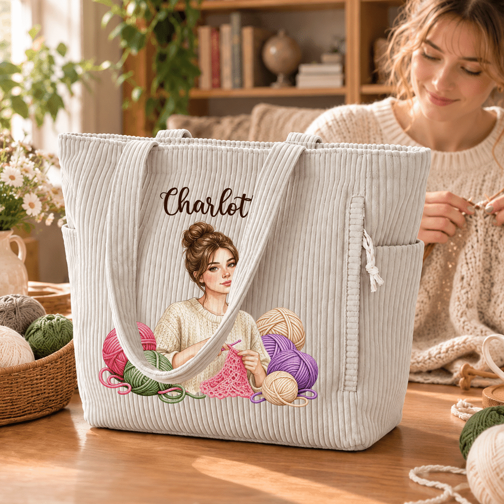 Gepersonaliseerde, gehaakte draagtas van corduroy met fotomotief van een stripfiguur en naam – geschikt voor dagelijks gebruik, verjaardagscadeau voor mama, oma of een breister 4