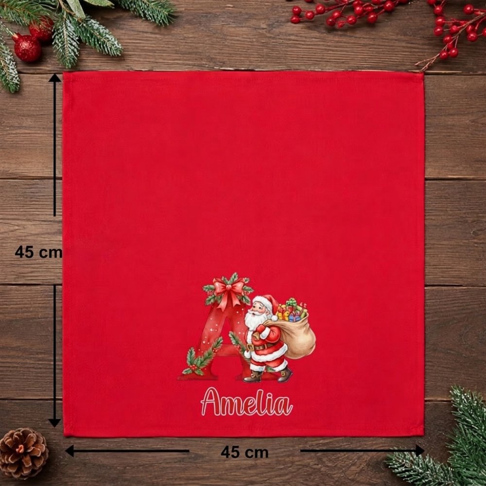 Serviette de table rouge en 100% coton personnalisée avec nom - Initiale et Père Noël mignon - Cadeau de Noël pour famille et amis 9