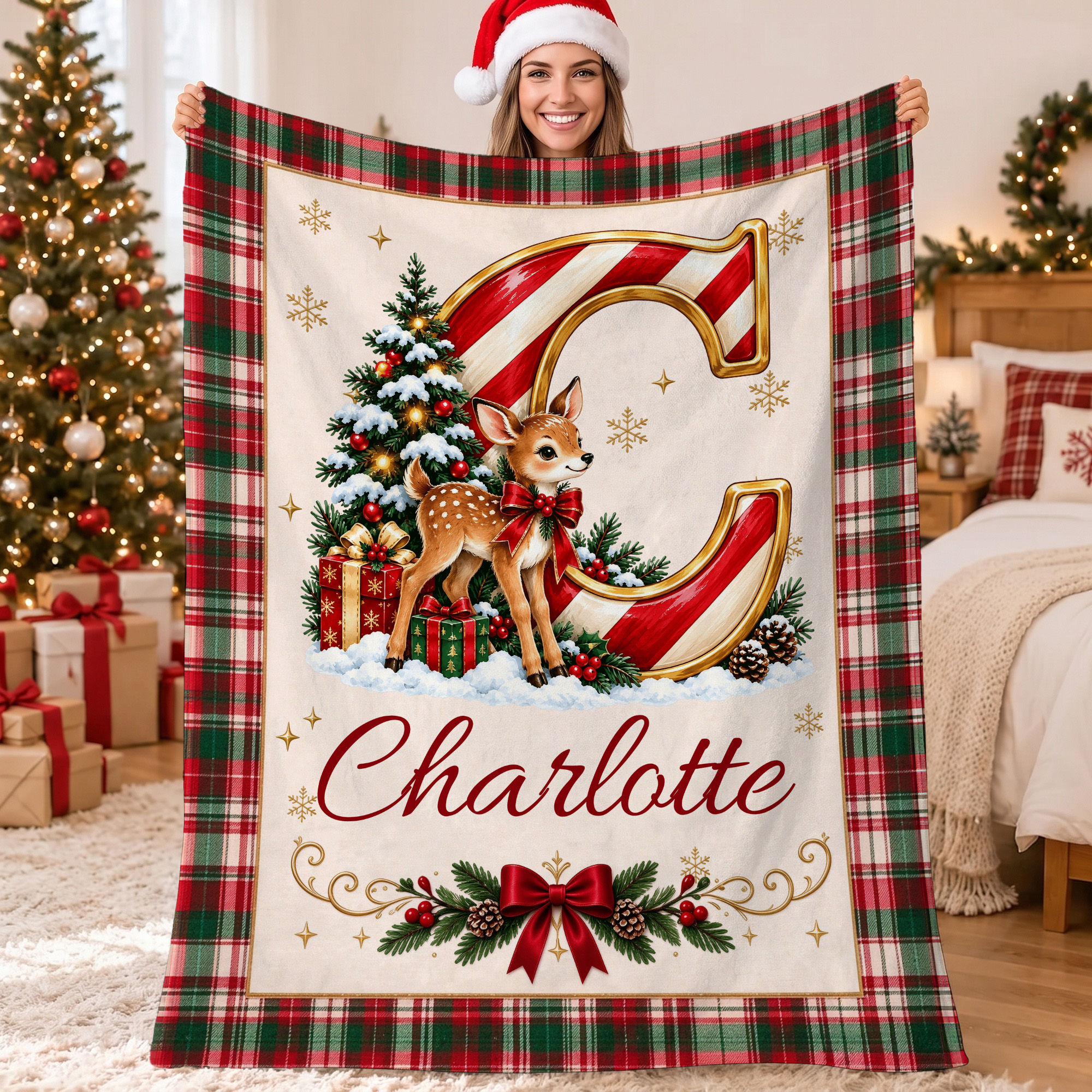 Personalized Christmas-Themed Initial Plaid Soft Throw Blanket with Name Home Decor Christmas Gift for Kids Friends Family
