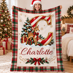 Personalized Christmas-Themed Initial Plaid Soft Throw Blanket with Name Home Decor Christmas Gift for Kids Friends Family