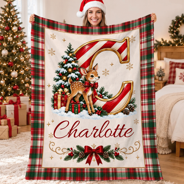 Personalized Christmas-Themed Initial Plaid Soft Throw Blanket with Name Home Decor Christmas Gift for Kids Friends Family