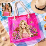 Personalised Colourful Cartoon Portrait Birth Flower Butterfly Transparent Beach Tote Bag with Photo and Name Bridesmaid Gift for Women Friends 3