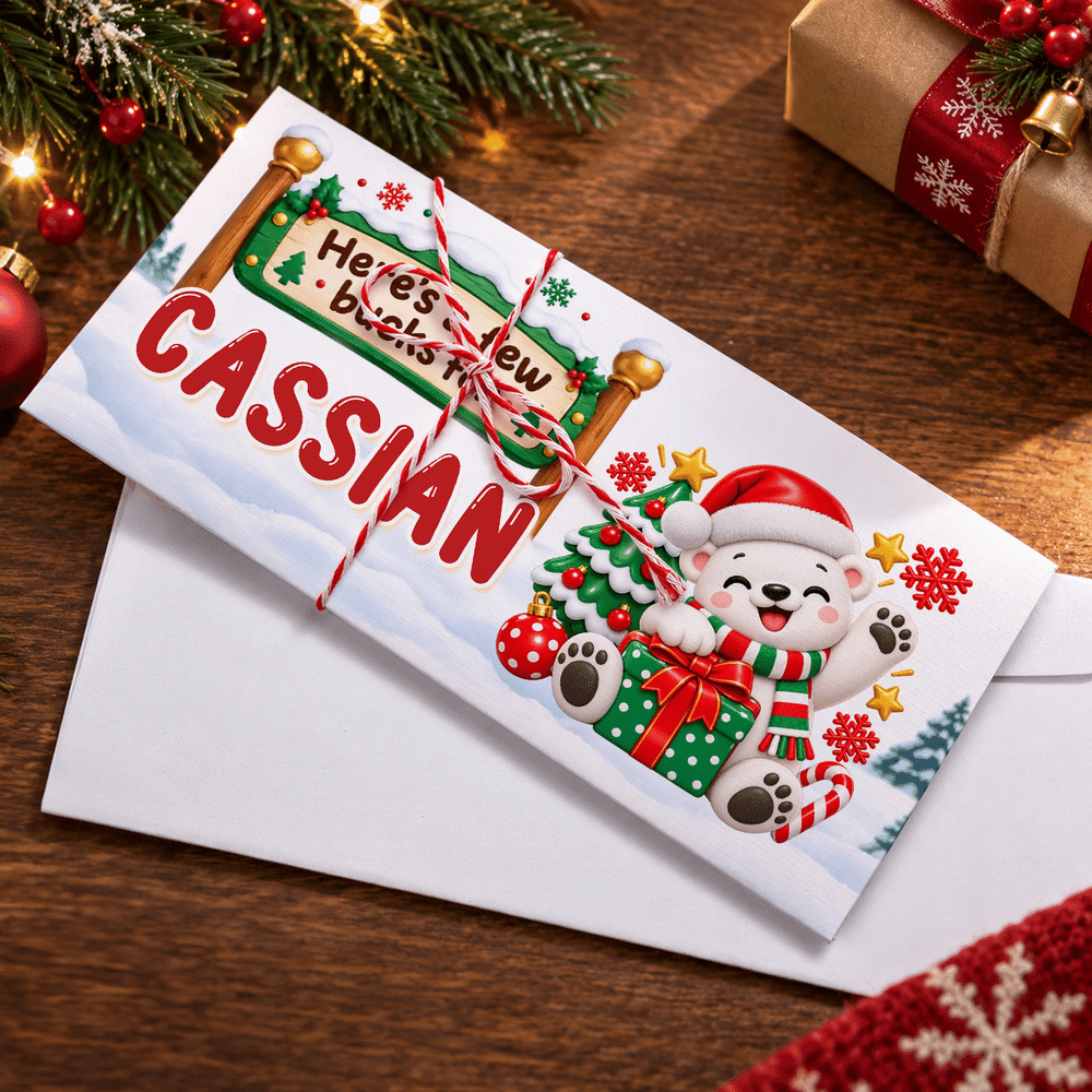 Gepersonaliseerde kerstkaart met cartoonfiguur, kerstmuts, geldvakje en envelop – kerstcadeau voor kinderen en het hele gezin 3