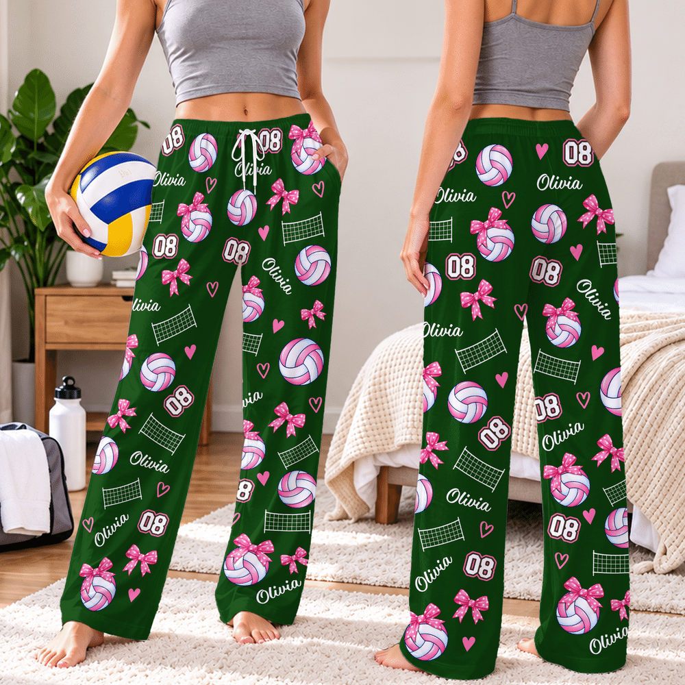 Personalized Pink Volleyball Bow Soft Pajama Pants with Name and Number Christmas Birthday Gift for Volleyball Players Women Kids 3