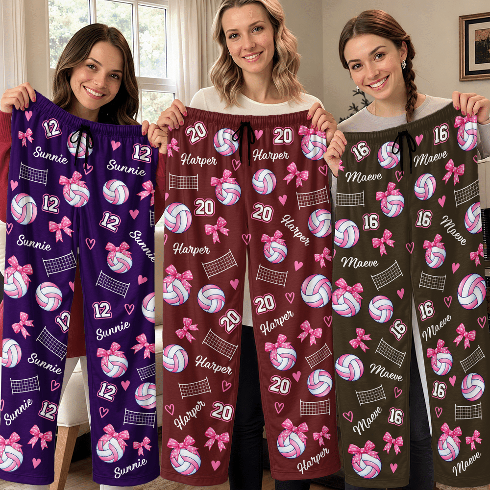 Personalized Pink Volleyball Bow Soft Pajama Pants with Name and Number Christmas Birthday Gift for Volleyball Players Women Kids 4