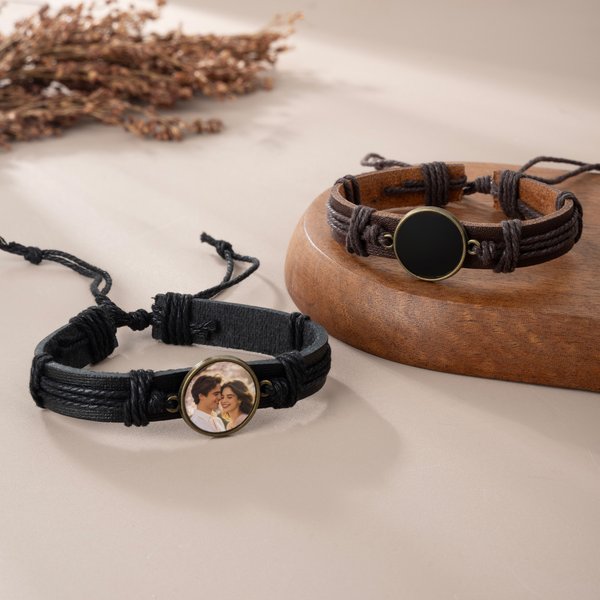 Braccialetto intrecciato in pelle PU personalizzato, con foto nascosta attivabile a calore, regolabile, regalo di compleanno o commemorativo per uomo e donna