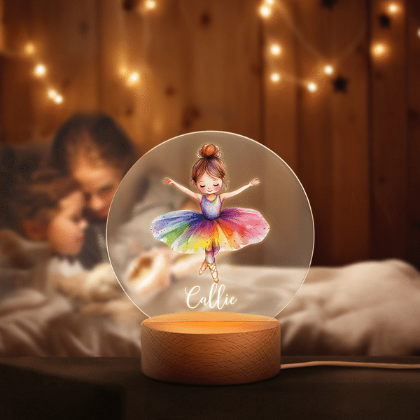 Personalized Cute Ballerina Girl Acrylic LED Night Light with Wooden Base and Name Home Decor Birthday Gift for Ballet Lover