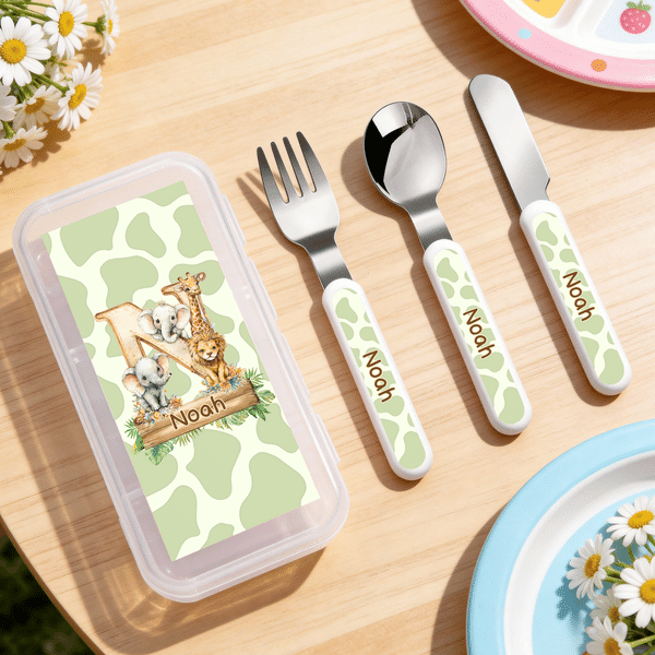 Personalised Cartoon Wild Animal Initial Fork Spoon Knife 3 Pcs Cutlery Set with Name and Case Back to School Birthday Gift for Kid Boy Girl
