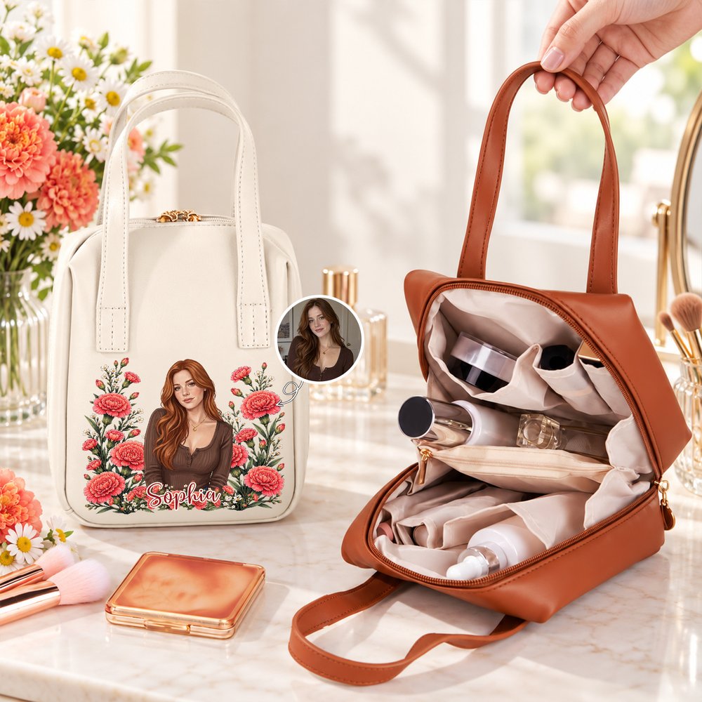 Personalized Birth Flower Character Portrait PU Leather Makeup Bag with Name and Handle Daily Use Mother's Day Gift for Girls Women 6