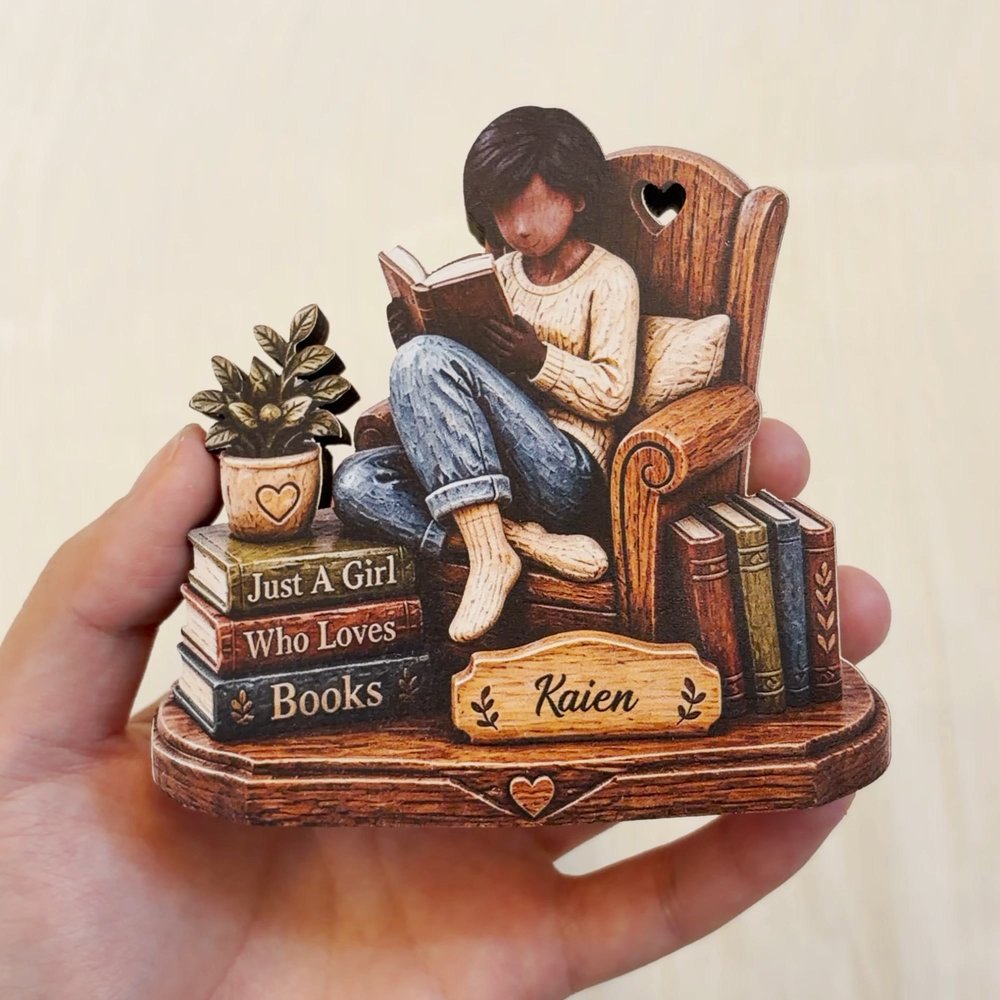 Personalised 3D-Effect Art Cartoon Reading Girl Layered Wooden Decoration with Name Desk Decor Christmas Gift for Girl Book Lover 3