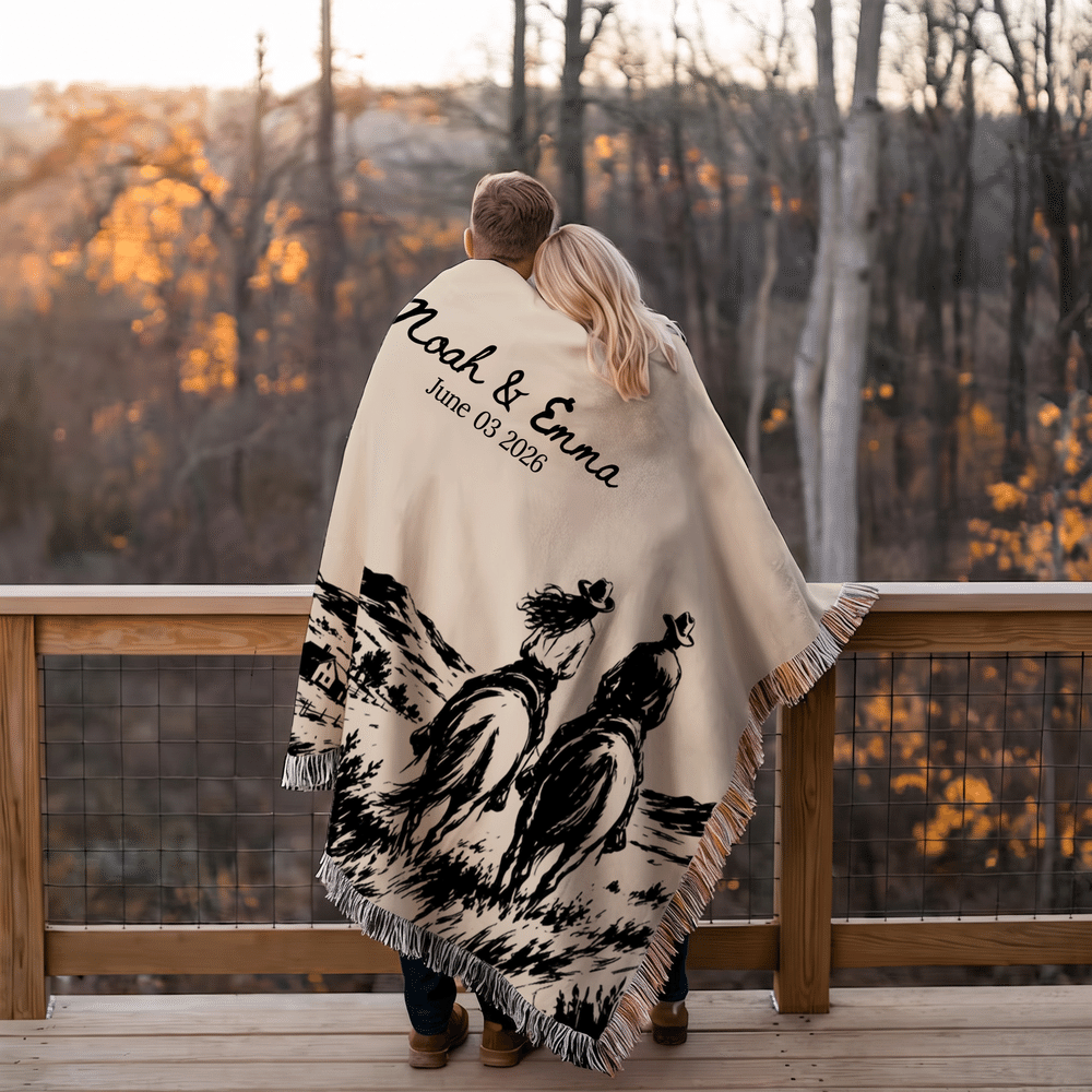 Personalised Vintage Western Wedding Theme Soft Throw Tassel Blanket with Name and Date Anniversary Wedding Party Gift for Couples Newlyweds 5