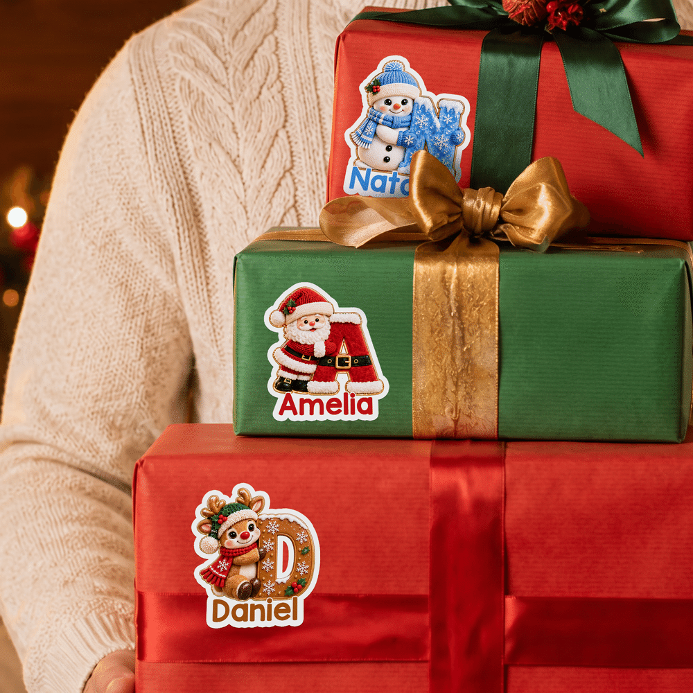 Personalised Cute Santa Claus Snowman Elf Elk Initial Label Waterproof Stickers with Name Gift Decor Christmas Party Gift for Family Friends 2