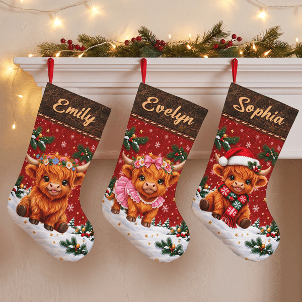 Personalized Christmas Highland Cow Stocking with Name Home Decoration Christmas Gift for Kid Highland Cow Lover