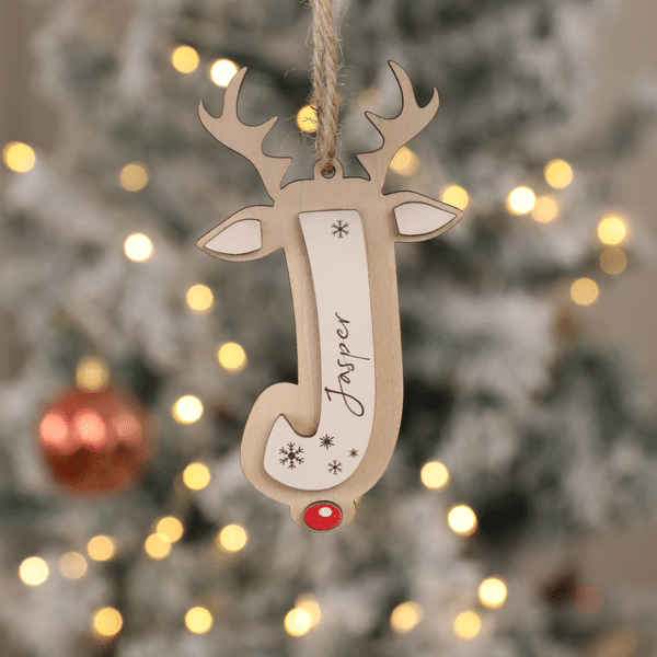 Personalised Red Nose Reindeer Letter Wooden Christmas Tree Ornament with Name Festive Christmas Gift for Family Kids