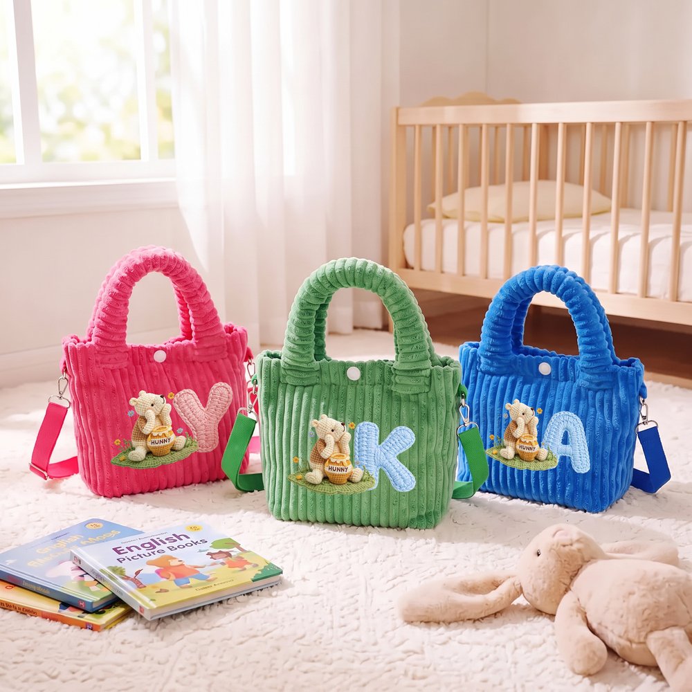 Personalised 3D-Effect Art Multicolour Cute Bear Large Capacity Corduroy Bag with Initial Daily Use Christmas Birthday Gift for Kids Toddlers 2