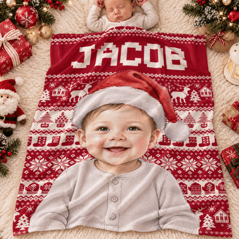 Personalized Christmas Theme Cartoon Character Photo Soft Throw Blanket with Name Home Decor Christmas Gift for Kid 4