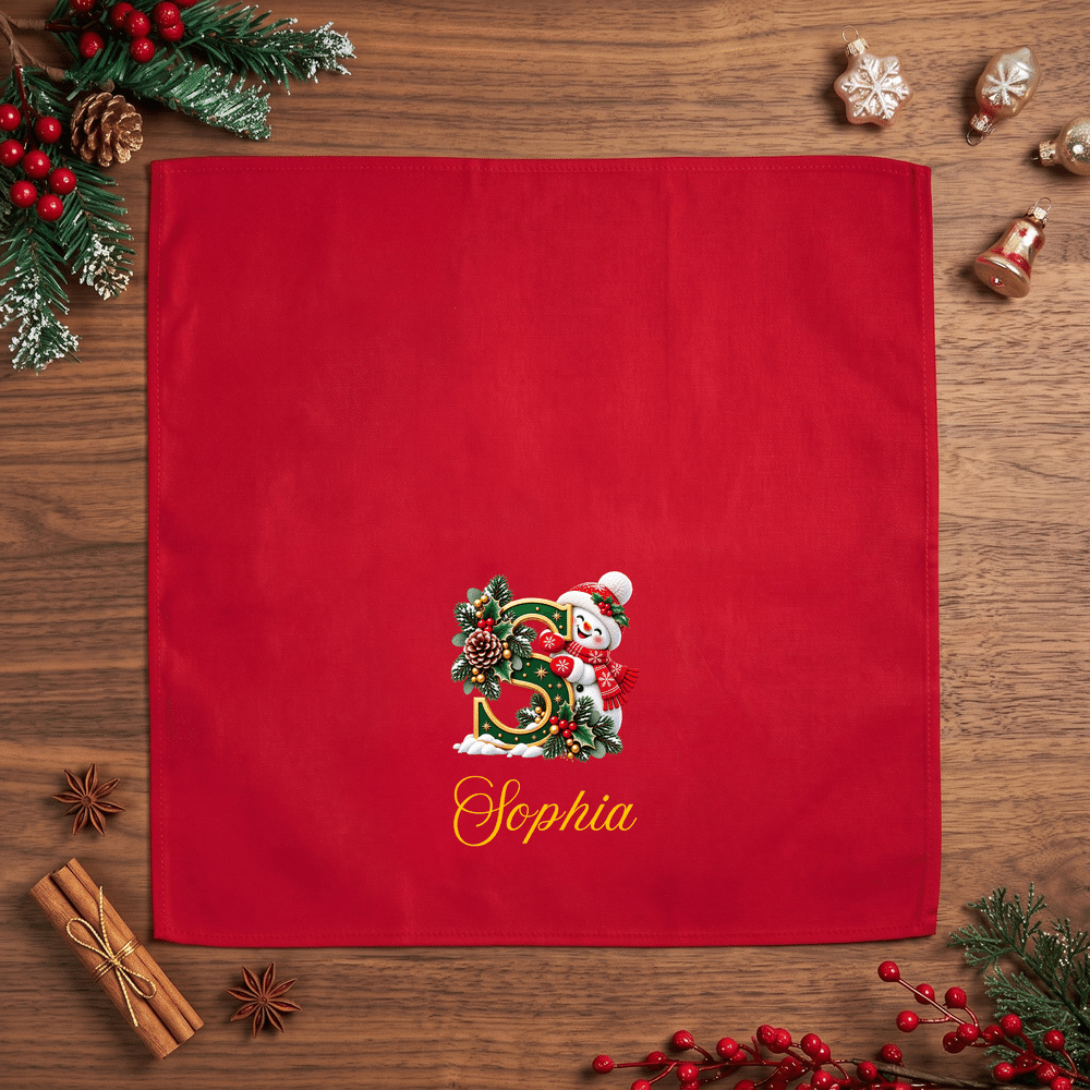 Personalised Christmas Snowman Initial 100% Cotton Napkin with Name Table Decor Christmas Gift for Friends Family 8