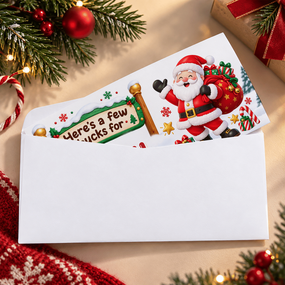 Gepersonaliseerde kerstkaart met cartoonfiguur, kerstmuts, geldvakje en envelop – kerstcadeau voor kinderen en het hele gezin 5