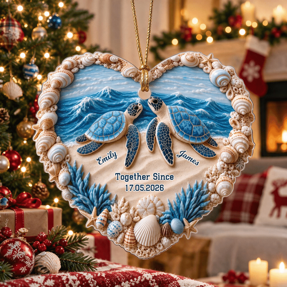 Personalised Seaside Turtle Acrylic Ornament with Name Date Anniversary Christmas Tree Decorations Gift for Couple and Sea Turtle Lovers 6