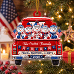 Personalized America 250th Anniversary Red Pickup Truck Acrylic Christmas Ornament with 2-16 Names and Family Name Christmas Holiday Gift for Family