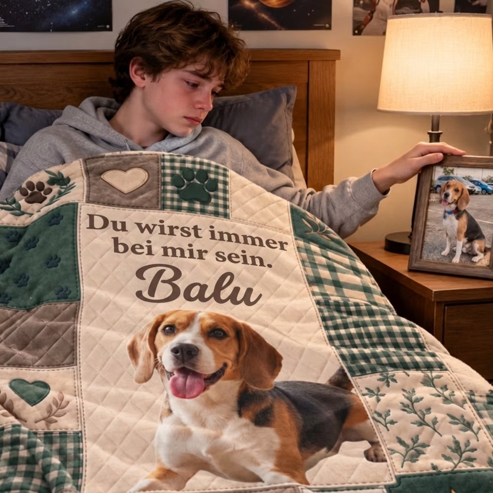 Personalisierte Kuscheldecke im Patchwork-Design | mit Haustierfoto und Namen | Weiche Sofadecke | Geburtstag Trauergeschenk für Tierbesitzer 3