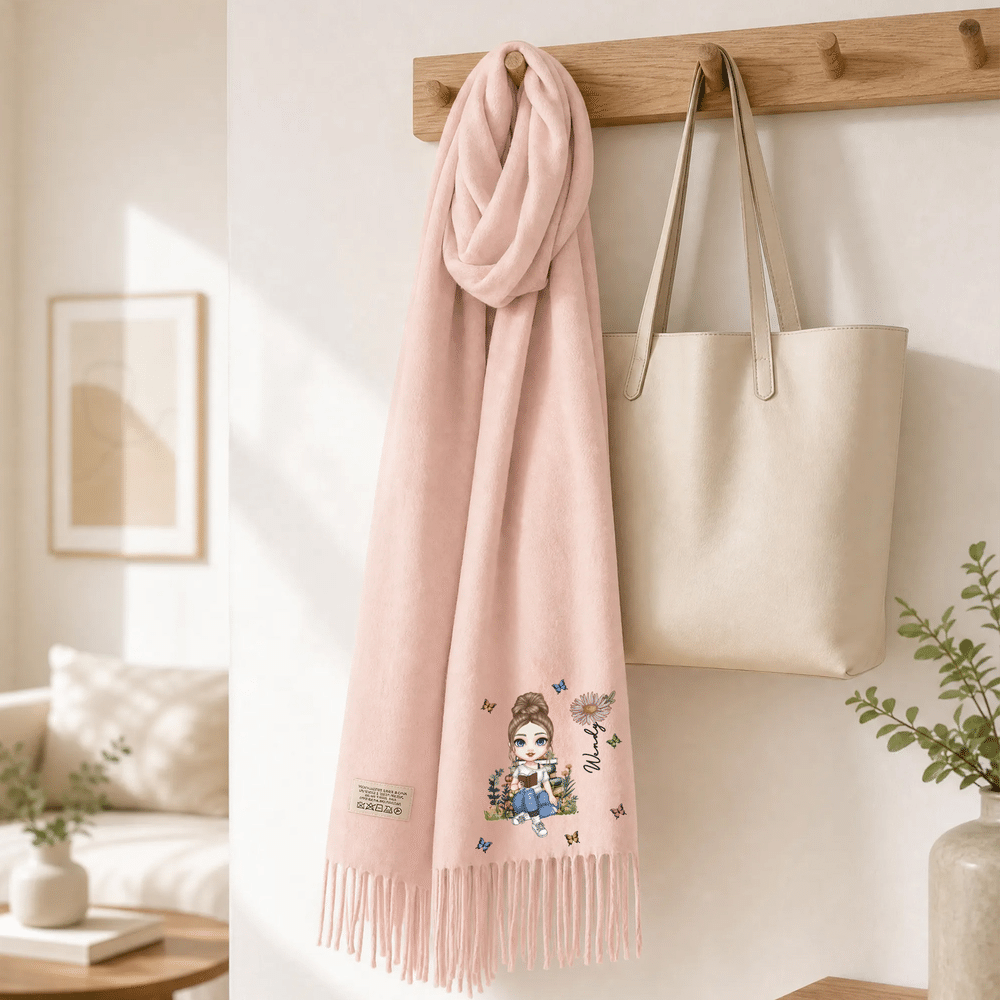 Gepersonaliseerde sjaal met cartoonfiguur, geboortebloem en zachte, warme kwastjes, met naam – cadeau voor verjaardagen en jubilea voor familie en vrienden 7