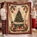 Personalized Vintage Christmas Reindeer Snowman Tassel Throw Blanket with Text Festive Christmas Gift for Family