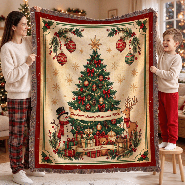 Personalized Vintage Christmas Reindeer Snowman Tassel Throw Blanket with Text Festive Christmas Gift for Family