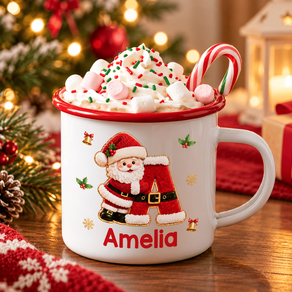 Personalised 3D-Effect Artwork Cartoon Christmas Santa Snowman Elf 12 oz Enamel Mug with Name and Initial Daily Use Christmas Party Gift for Kids 2
