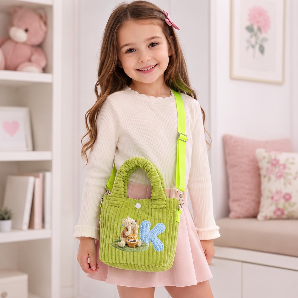 Personalised 3D-Effect Art Multicolour Cute Bear Large Capacity Corduroy Bag with Initial Daily Use Christmas Birthday Gift for Kids Toddlers 5