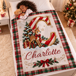 Personalized Christmas-Themed Initial Plaid Soft Throw Blanket with Name Home Decor Christmas Gift for Kids Friends Family