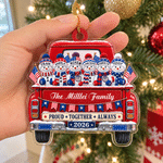 Personalized America 250th Anniversary Red Pickup Truck Acrylic Christmas Ornament with 2-16 Names and Family Name Christmas Holiday Gift for Family