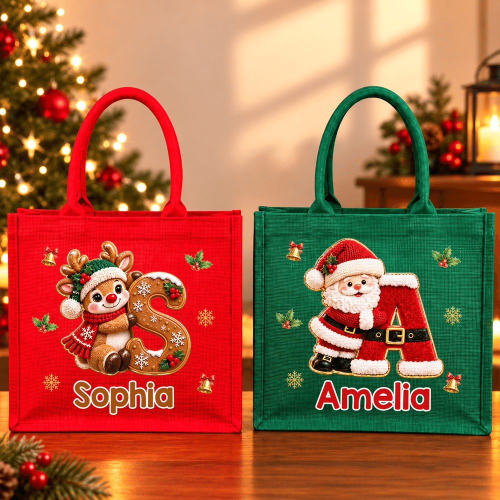 Personalised Holly Snowflake 3D-Effect Artwork Large Capacity Tote Bag with Name and Initial Christmas Party Holiday Gift for Family Friend Kid 1