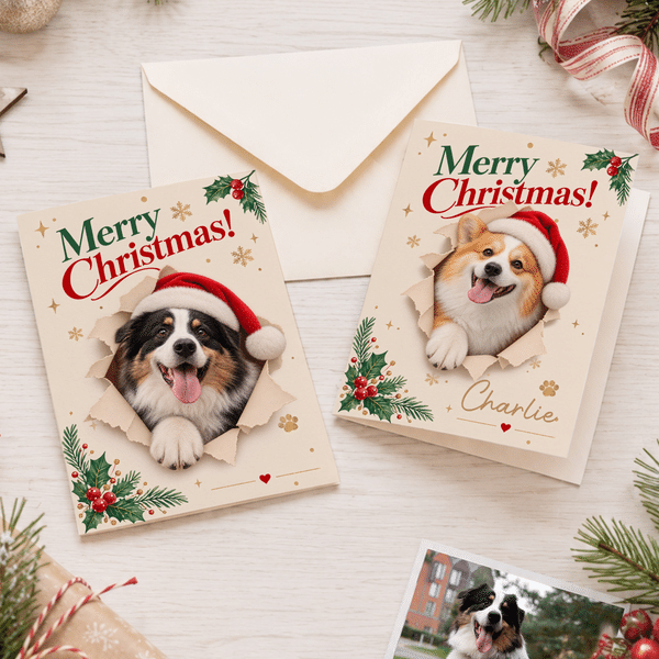 Personalized Holly Merry Christmas 3D-Effect Artwork Pet Photo Greeting Card with Name and Text Christmas Gift for Friends Family