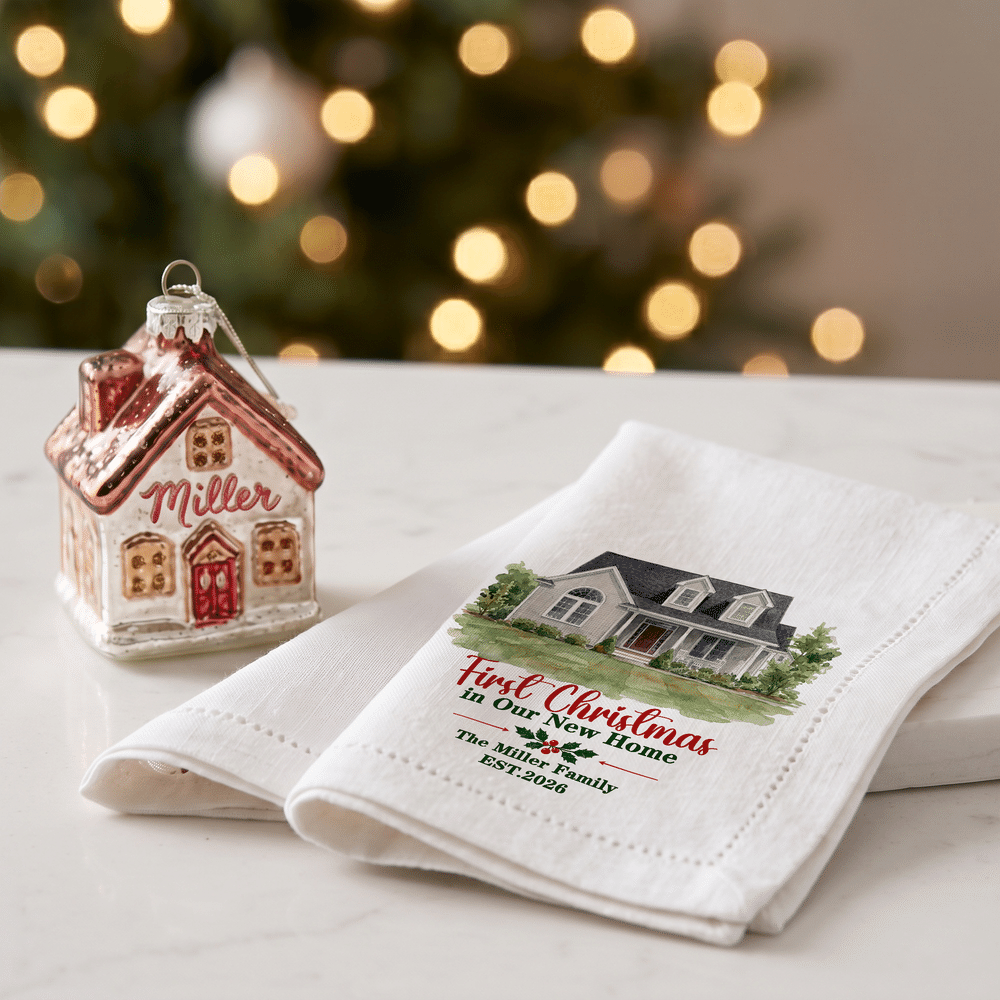 Personalized Watercolor Style House Photo Linen Napkin with Text and Year Table Decor Christmas Housewarming Gift for Family 4