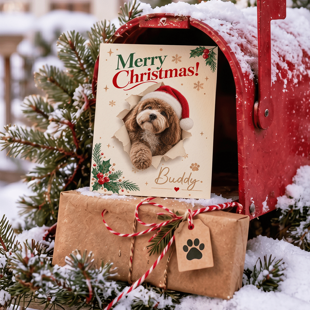 Personalized Holly Merry Christmas 3D-Effect Artwork Pet Photo Greeting Card with Name and Text Christmas Gift for Friends Family 5