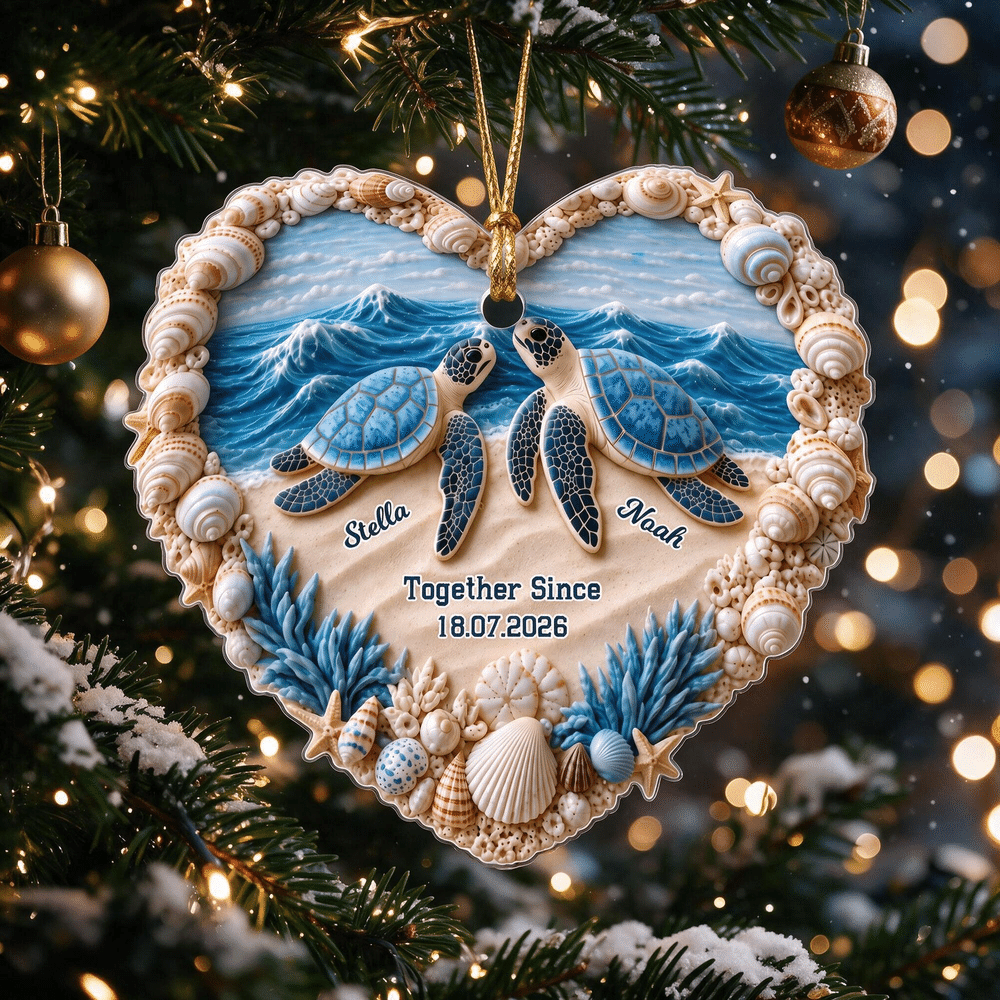 Personalised Seaside Turtle Acrylic Ornament with Name Date Anniversary Christmas Tree Decorations Gift for Couple and Sea Turtle Lovers 2
