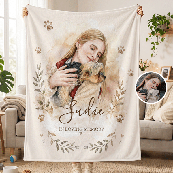 Coperta morbida personalizzata con foto ad acquerello dell’animale domestico e del proprietario, con nome e testo: regalo commemorativo e di cordoglio per il proprietario dell’animale