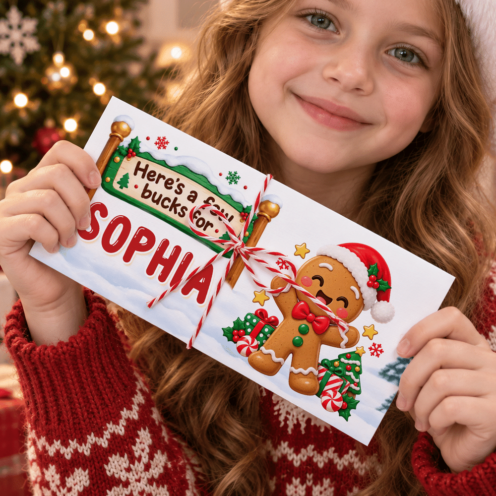 Gepersonaliseerde kerstkaart met cartoonfiguur, kerstmuts, geldvakje en envelop – kerstcadeau voor kinderen en het hele gezin 4