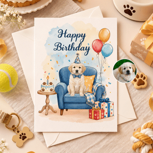 Personalized Balloon Cake Happy Birthday Watercolor Style Pet Photo Greeting Card with Name and Title Birthday Holiday Gift for Friends Family