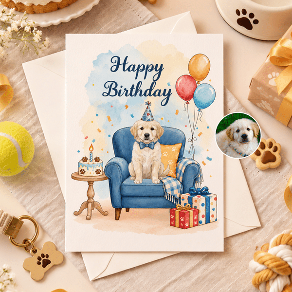 Personalized Balloon Cake Happy Birthday Watercolor Style Pet Photo Greeting Card with Name and Title Birthday Holiday Gift for Friends Family