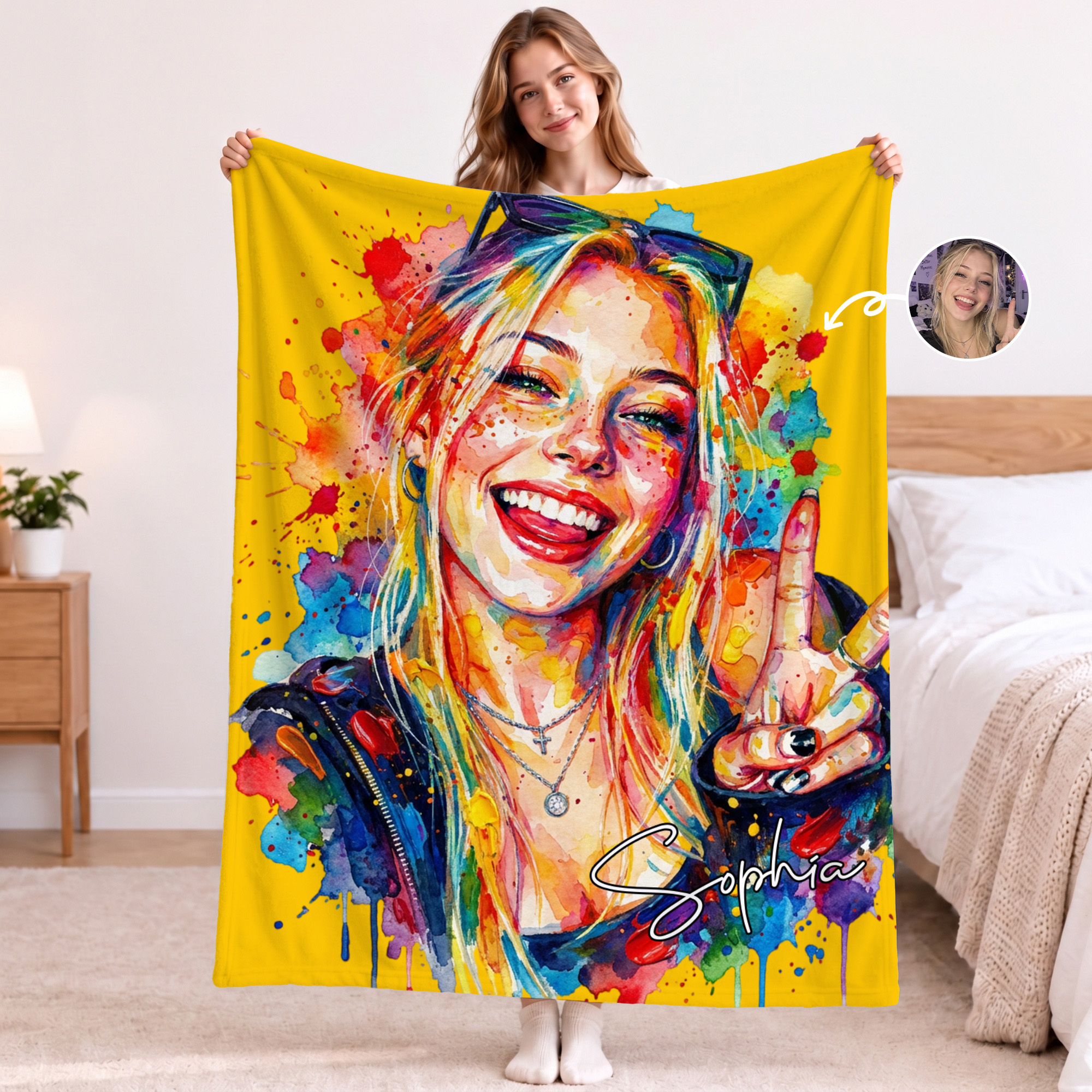 Personalized Watercolor Splashing Ink Style Portrait Soft Throw Blanket with Name Home Decor Birthday Christmas Gift for Art Lover Friend