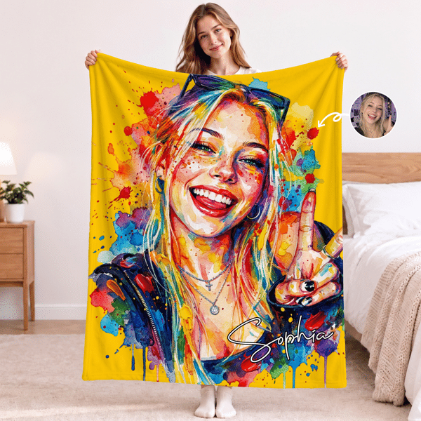 Gepersonaliseerde, zachte plaid met portret in aquarelstijl en spetterende inkt, voorzien van naam – woondecoratie, verjaardags- of kerstcadeau voor een vriend(in) die van kunst houdt
