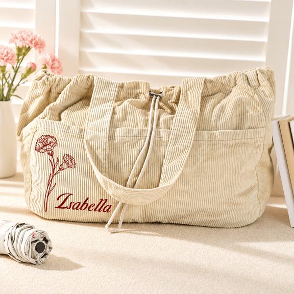 Personalized Vintage Birth Flower Corduroy Drawstring Tote Bag with Name Daily Wear Birthday Gift for Women Students